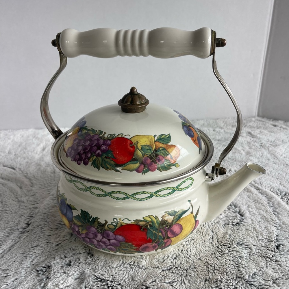 Vintage Teapot Cornucopia Enamel Brass Rimmed